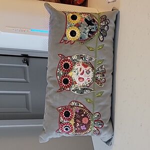 Boho Owl Embroidered Throw Pillow Bohemian